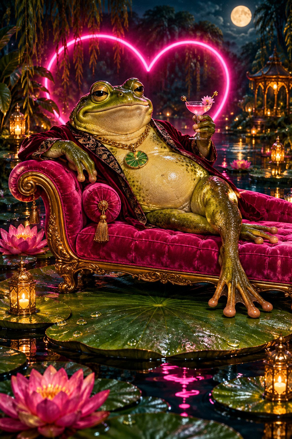A smug fictional bullfrog reclining on a pink velvet chaise beside a moonlit pond